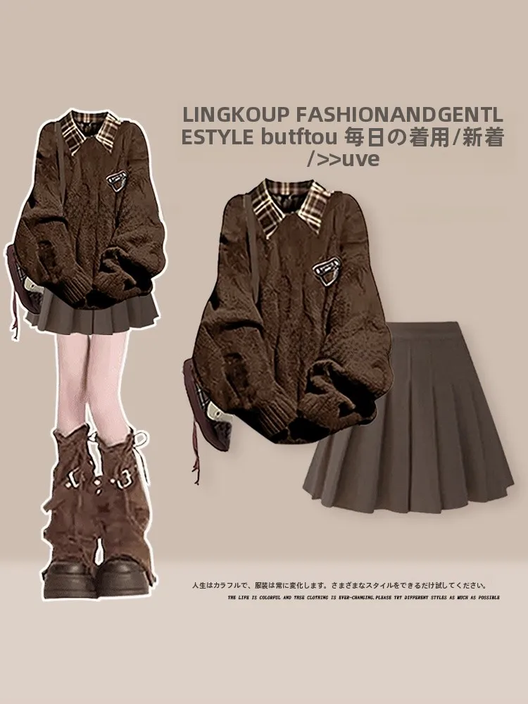 Large Size Autumn Winter College Style Knitted Sweater Plaid Shirt Skirt Set Women's Loose Casual Fashion Three-Piece Suit
Large Size Autumn Winter College Style Knitted Sweater Plaid Shirt Skirt Set Women's Loose Casual Fashion Three-Piece Suit