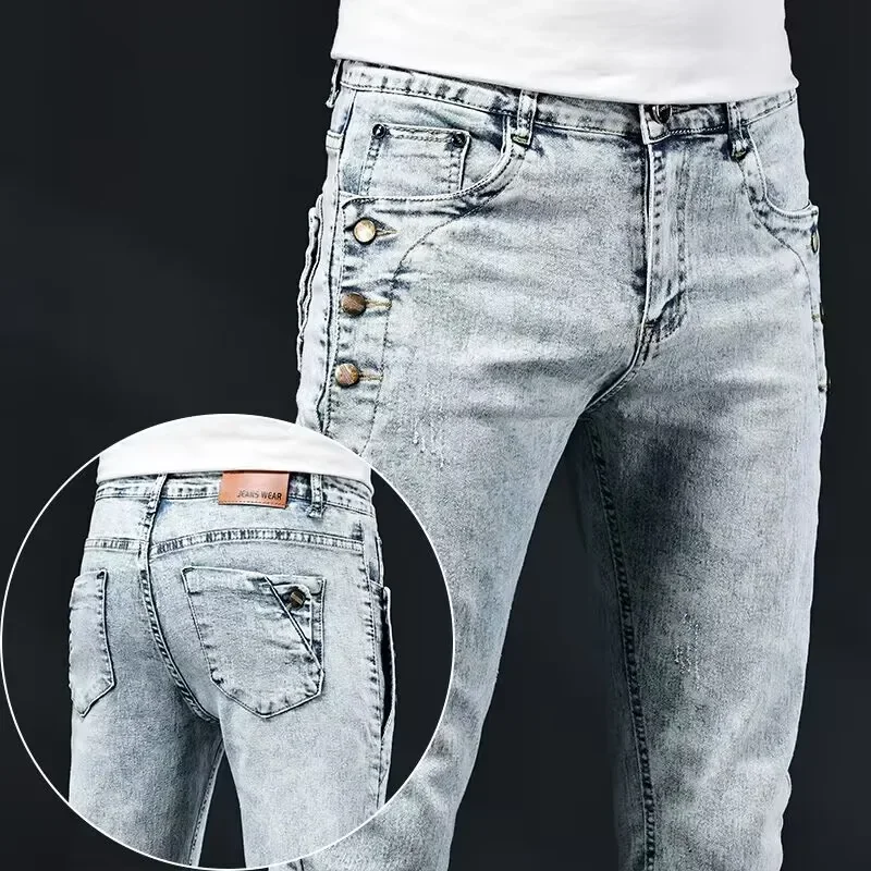 Pop Men Slim Jeans New Elastic Korean Skinny Design Multi-Button Pants Fashion Vintage Wash Stretch Denim Trousers Blue White
Pop Men Slim Jeans New Elastic Korean Skinny Design Multi-Button Pants Fashion Vintage Wash Stretch Denim Trousers Blue White