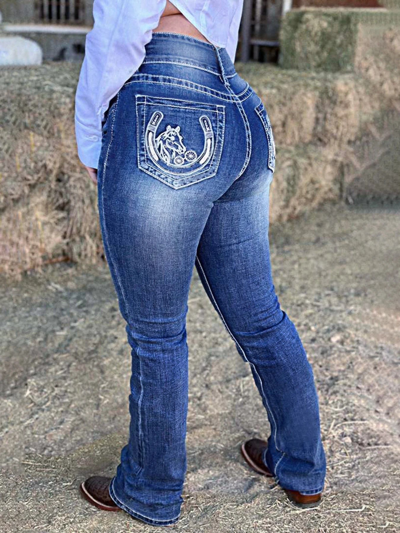 Blue cute pony embroidered back bag double buckle waist high waist high elastic elegant versatile college style large size jeans
Blue cute pony embroidered back bag double buckle waist high waist high elastic elegant versatile college style large size jeans