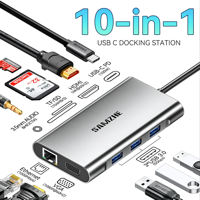 Док-станция SAMZHE USB C Концентратор 10 в 1 USB-C Двойной монитор 4K HDMI Док-станции для ноутбука Несколько адаптеров с HDMI VGA USB3.0
Док-станция SAMZHE USB C Концентратор 10 в 1 USB-C Двойной монитор 4K HDMI Док-станции для ноутбука Несколько адаптеров с HDMI VGA USB3.0