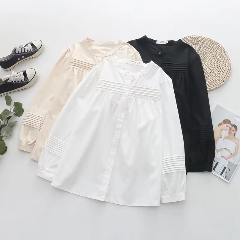 Spring Autumn Women Pleated Round Neck Ruffles Shirt Casual Sweet Solid Color Long Sleeved Female Cotton Base Blouse Tops U328
Spring Autumn Women Pleated Round Neck Ruffles Shirt Casual Sweet Solid Color Long Sleeved Female Cotton Base Blouse Tops U328