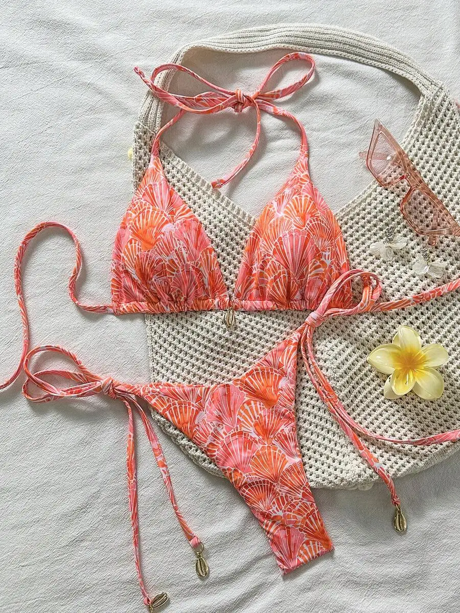 Womens Coral Shell Print Triangle Bikini Set Halter Tie Beach Swimwear
Womens Coral Shell Print Triangle Bikini Set Halter Tie Beach Swimwear