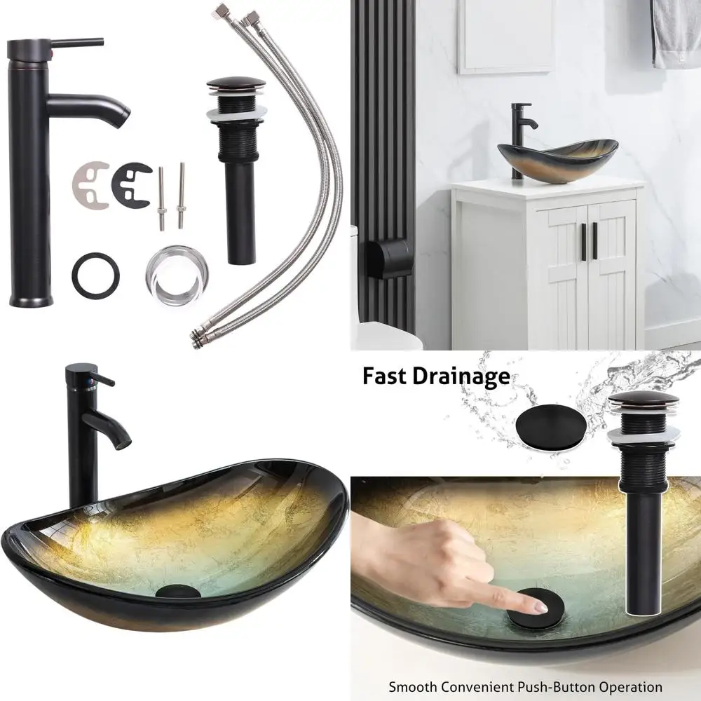 Champagne Tempered Glass Bathroom Sink, Single Bowl, Countertop or Vanity Cabinet, Water-Saving Faucet, Up-Drain (A29CH)
Champagne Tempered Glass Bathroom Sink, Single Bowl, Countertop or Vanity Cabinet, Water-Saving Faucet, Up-Drain (A29CH)