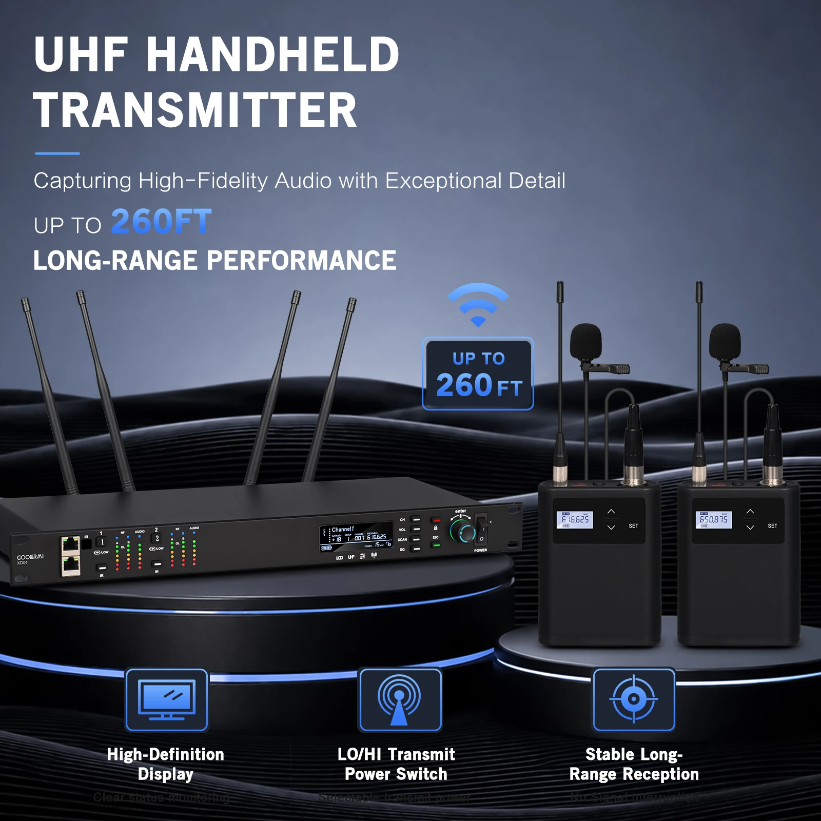 GOOERMI XD02 Wireless Microphone 260FT – Handheld & Lavalier Mic for Karaoke, Church, Wedding, Stage Performance
GOOERMI XD02 Wireless Microphone 260FT – Handheld & Lavalier Mic for Karaoke, Church, Wedding, Stage Performance