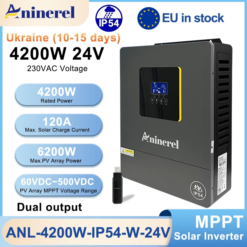 Гибридный солнечный инвертор Aninerel 4.2 кВт 24В IP54 с двойным выходом, цветным ЖК-дисплеем, для работы в автономных и сетевых системах, MPPT 120А, PV 500В DC, с Wi-Fi
Гибридный солнечный инвертор Aninerel 4.2 кВт 24В IP54 с двойным выходом, цветным ЖК-дисплеем, для работы в автономных и сетевых системах, MPPT 120А, PV 500В DC, с Wi-Fi