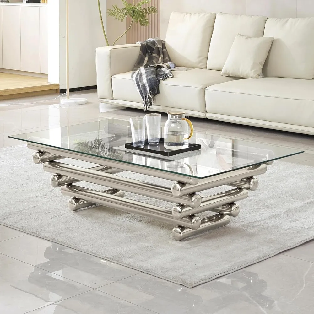 Glass Coffee Table, Modern Silver Coffee Tables for Living Room, 55" Rectangular Tempered Glass Top with Stainless Steel Legs, L
Glass Coffee Table, Modern Silver Coffee Tables for Living Room, 55" Rectangular Tempered Glass Top with Stainless Steel Legs, L