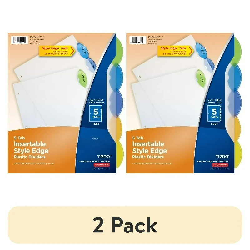(2 pack) Insertable Divider, Style Edge, 5-Tab, Plastic, Printable Inserts, Multicolor Tabs, 1 Set
(2 pack) Insertable Divider, Style Edge, 5-Tab, Plastic, Printable Inserts, Multicolor Tabs, 1 Set