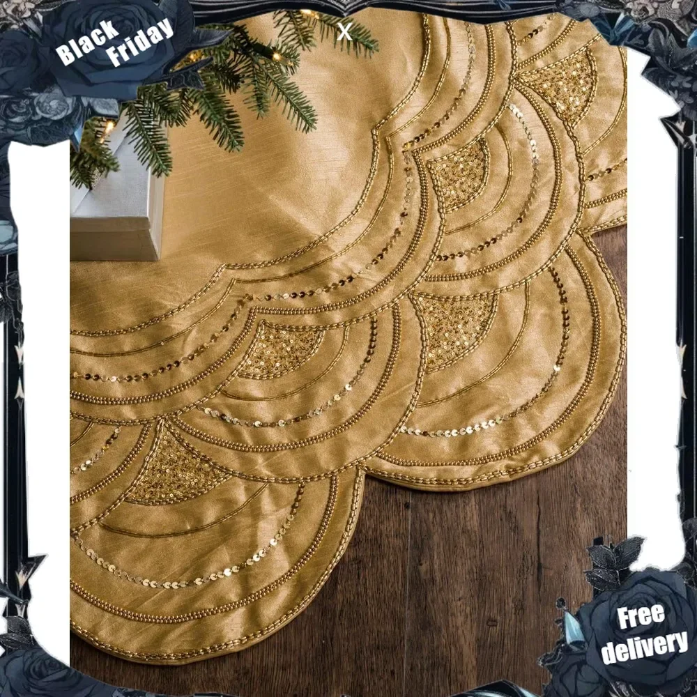 Elizabeth Beaded Tree Skirt in Gold with 60 Inch Diameter, Scalloped Edges with Hand-Applied Beads and Sequins
Elizabeth Beaded Tree Skirt in Gold with 60 Inch Diameter, Scalloped Edges with Hand-Applied Beads and Sequins