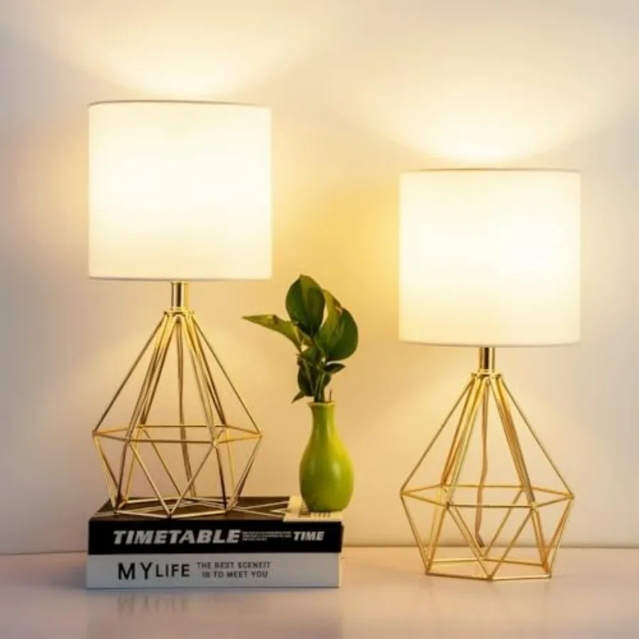 Gold Table Lamps Set of 2, Small Gold End Table Lamp with White Fabric Shade, Bedside Nightstand Lamp with Geometric Metal Desi
Gold Table Lamps Set of 2, Small Gold End Table Lamp with White Fabric Shade, Bedside Nightstand Lamp with Geometric Metal Desi
