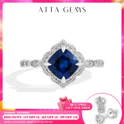 ATTAGEMS Classical Blue Sapphire Ring Cushion Cut 2.0ct DVVS1 Real 925 Sterling Silver For Women Engagement Wedding Fine Jewelry