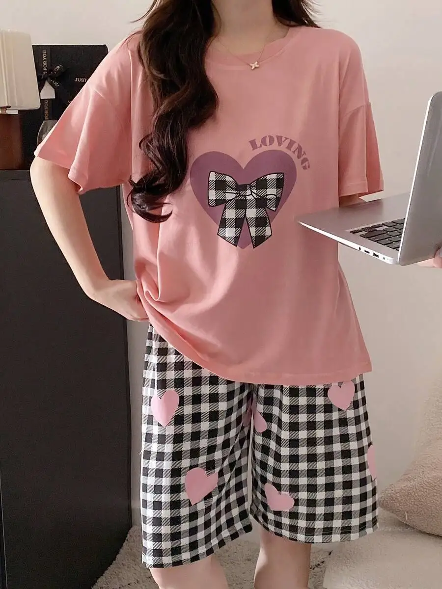 Womens Bow Heart Print Pajama Set Cotton Short Sleeve Sleepwear Summer
Womens Bow Heart Print Pajama Set Cotton Short Sleeve Sleepwear Summer