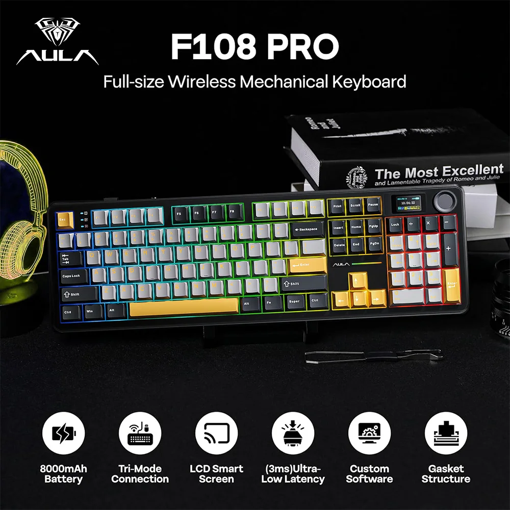 AULA F108 PRO 108 Key Mechanical Keyboard RGB Backlit Hot Swappable PBT Keycap 8000mAh Battery Full Size E-sport Gaming Keyboard
AULA F108 PRO 108 Key Mechanical Keyboard RGB Backlit Hot Swappable PBT Keycap 8000mAh Battery Full Size E-sport Gaming Keyboard