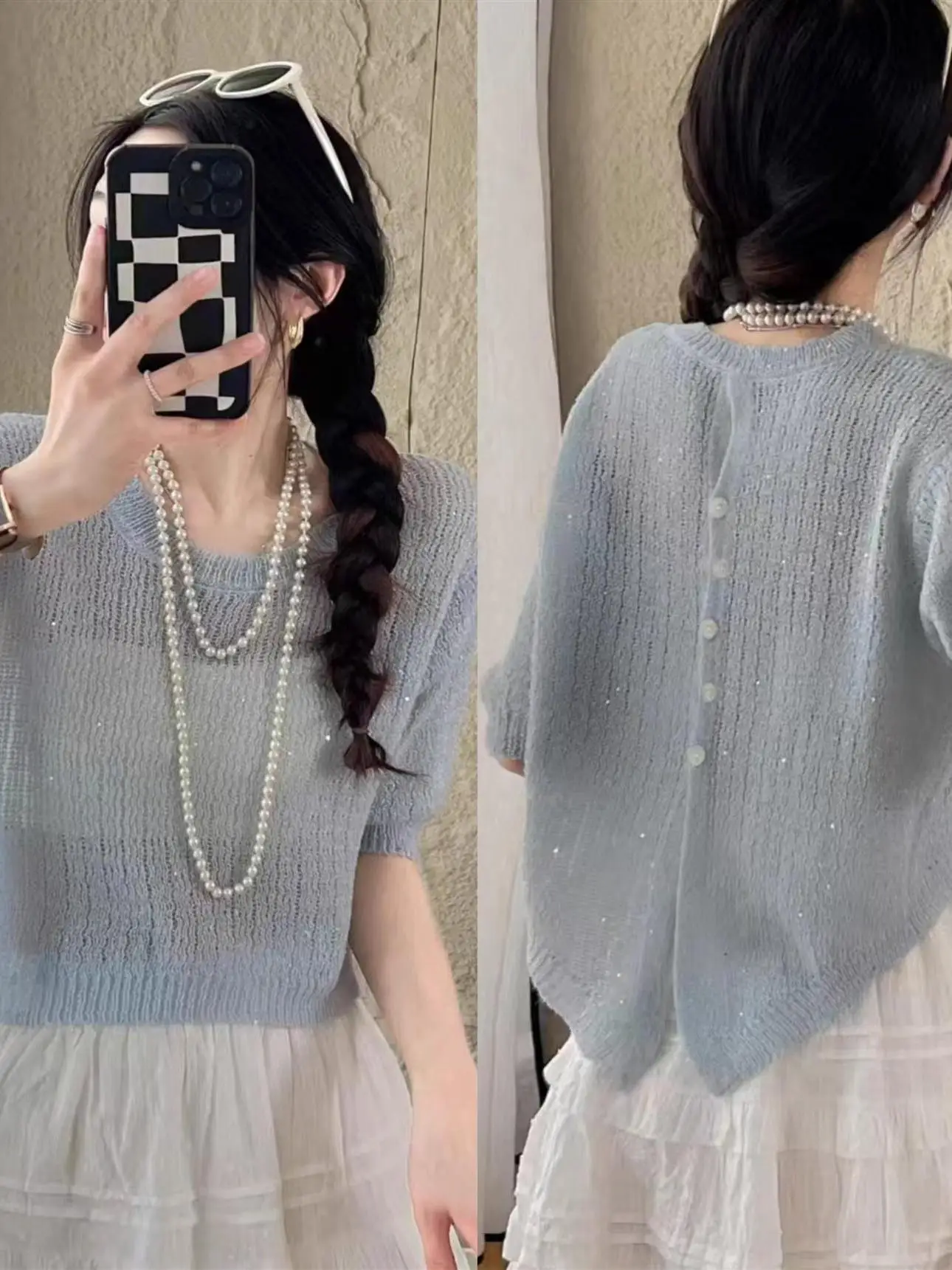 Summer Short Sleeve Knitted Wrap Top Women's Bright Thread Thin Hollow out Shirt Spring Short Length Button Back Design
Summer Short Sleeve Knitted Wrap Top Women's Bright Thread Thin Hollow out Shirt Spring Short Length Button Back Design