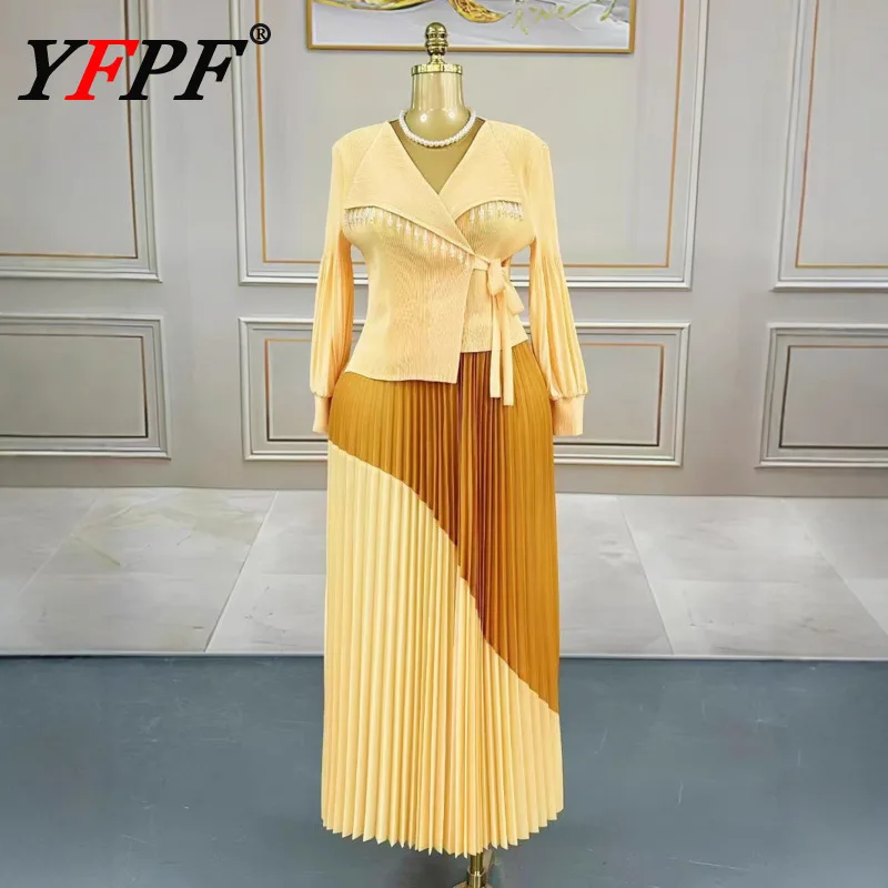 YFPF Miyake Pleated Fashion Dress Women Tassel Collar Irregular Lace-up Gathered Waist Contrast Color Long Dresses 2025 New
YFPF Miyake Pleated Fashion Dress Women Tassel Collar Irregular Lace-up Gathered Waist Contrast Color Long Dresses 2025 New