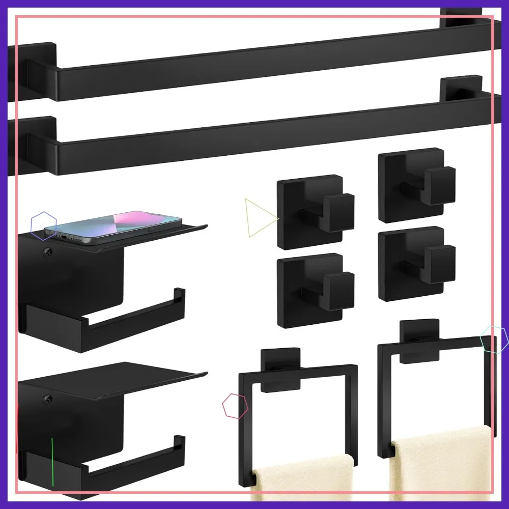 10-Piece Matte Black Bathroom Hardware Set, 24-Inch Towel Bar, Stainless Steel Racks for Wall Mounted Bathroom Accessories
10-Piece Matte Black Bathroom Hardware Set, 24-Inch Towel Bar, Stainless Steel Racks for Wall Mounted Bathroom Accessories