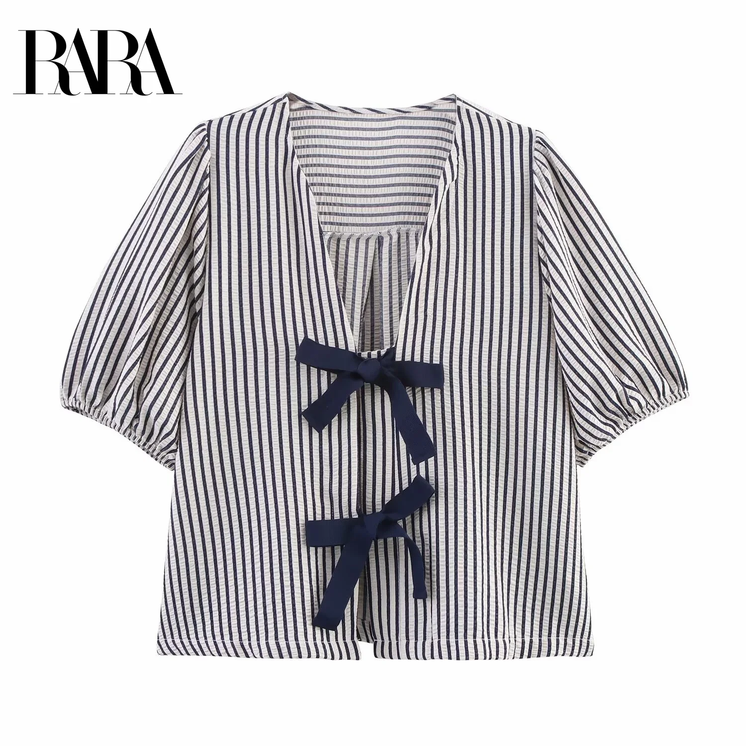 RARA Womens Casual Loose Elegant V - Neck Short - Sleeve Puff - Sleeve Striped Blouse with Bow - tie Placket Design
RARA Womens Casual Loose Elegant V - Neck Short - Sleeve Puff - Sleeve Striped Blouse with Bow - tie Placket Design