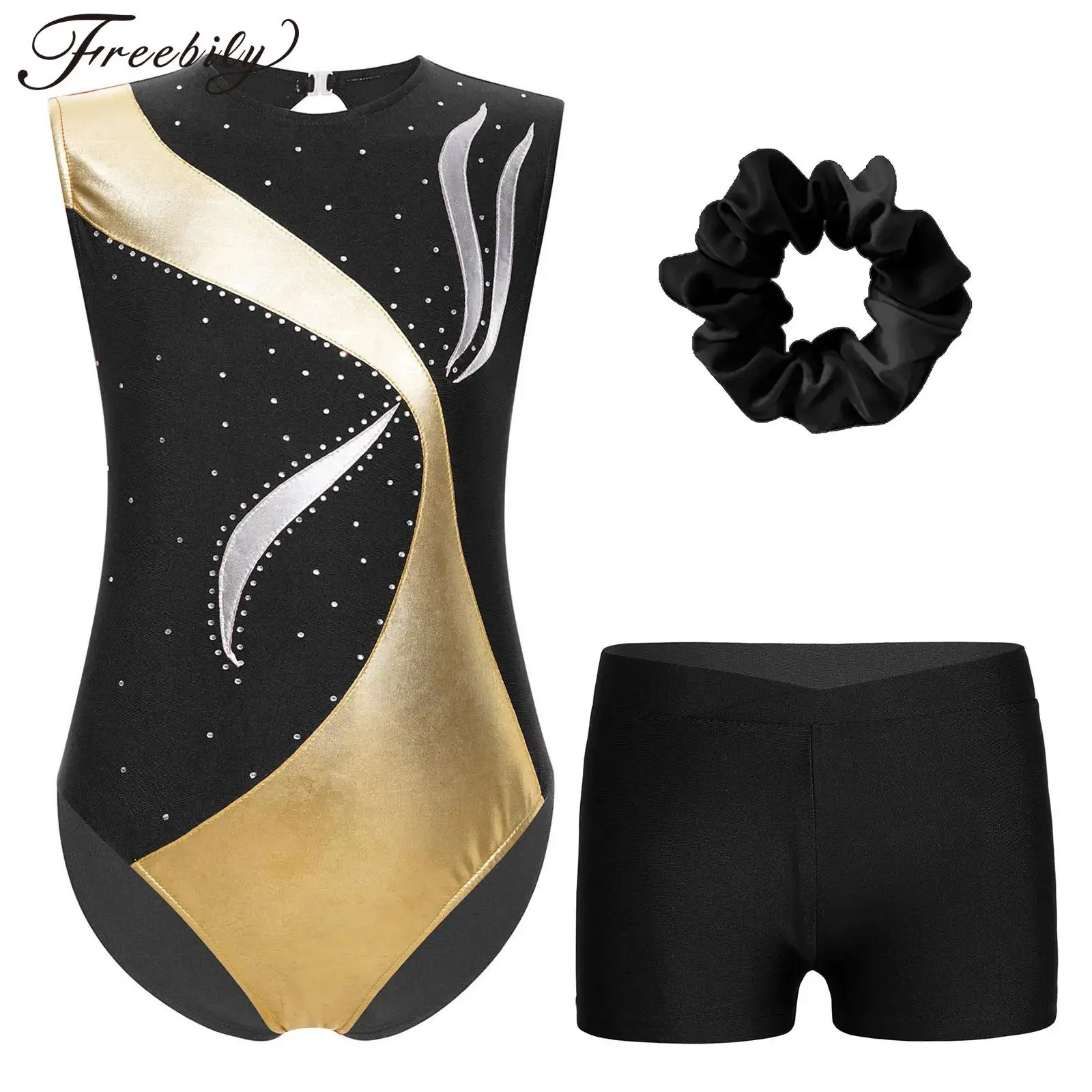 Kids Girls Gymnastics Outfit Metallic Shiny Patchwork Keyhole Back Sleeveless Jumpsuit Teens Ballet Dance Leotard with Shorts
Kids Girls Gymnastics Outfit Metallic Shiny Patchwork Keyhole Back Sleeveless Jumpsuit Teens Ballet Dance Leotard with Shorts