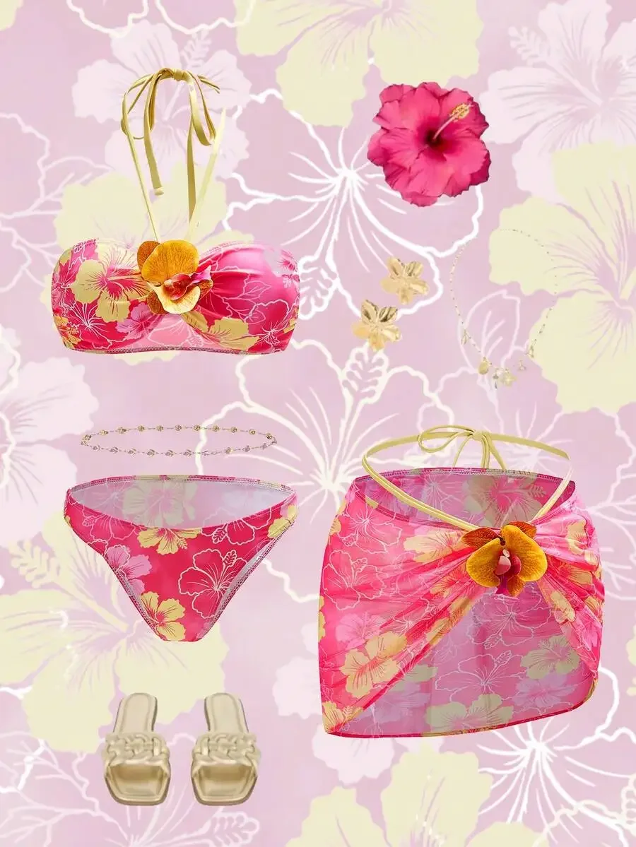 3-Piece Women Beach Set: Floral Print Halter Crop Top, Tie-Waist Skirt, Matching Swimsuit Bottom
3-Piece Women Beach Set: Floral Print Halter Crop Top, Tie-Waist Skirt, Matching Swimsuit Bottom