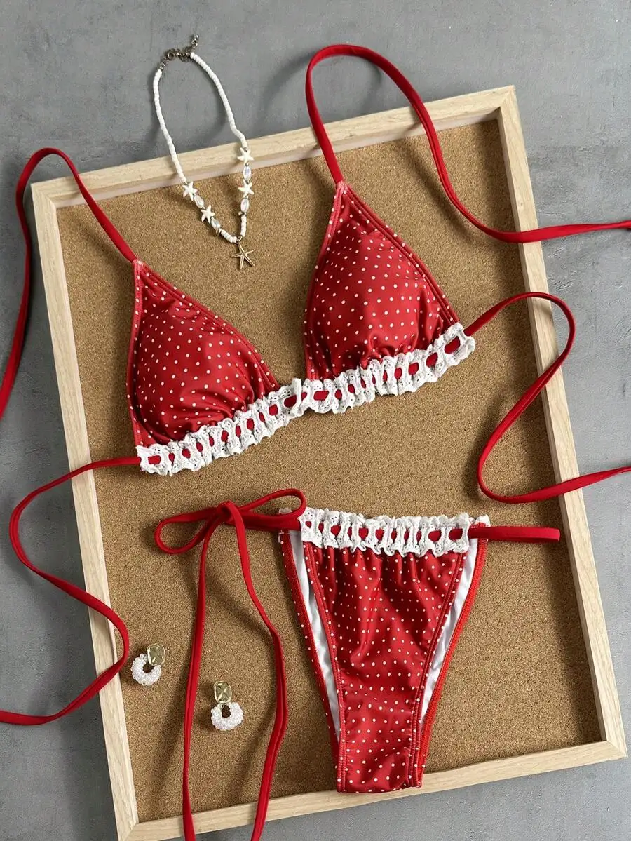 Womens Red Polka Dot Thong With White Lace Trim
Womens Red Polka Dot Thong With White Lace Trim