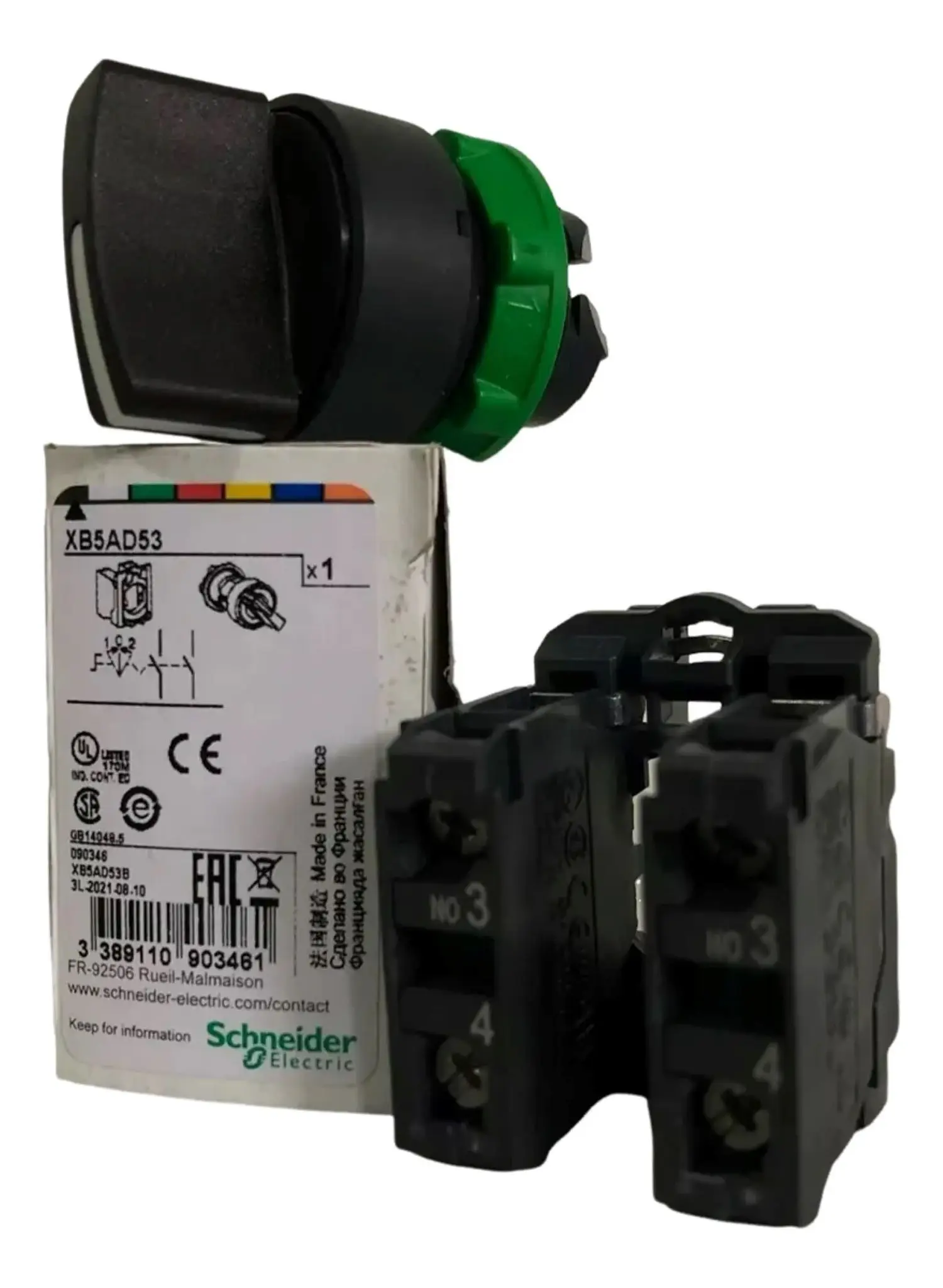 XB5AD53 XB5AD53C = ZB5AZ105C + ZB5AD3C Переключатель-селектор, пластиковый, черный, Ø22, 3 положения, пружинный возврат в центральное положение, 2 НО
XB5AD53 XB5AD53C = ZB5AZ105C + ZB5AD3C Переключатель-селектор, пластиковый, черный, Ø22, 3 положения, пружинный возврат в центральное положение, 2 НО