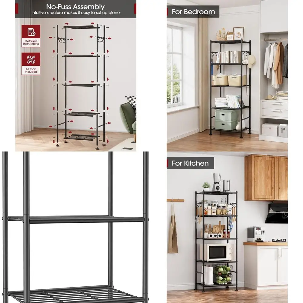 5-Shelf Heavy-Duty Storage Rack with Hooks, Sturdy Garage Organizer, Ideal for Home, Balcony, Garage, 18.1x12.4x56.8, Black
5-Shelf Heavy-Duty Storage Rack with Hooks, Sturdy Garage Organizer, Ideal for Home, Balcony, Garage, 18.1x12.4x56.8, Black