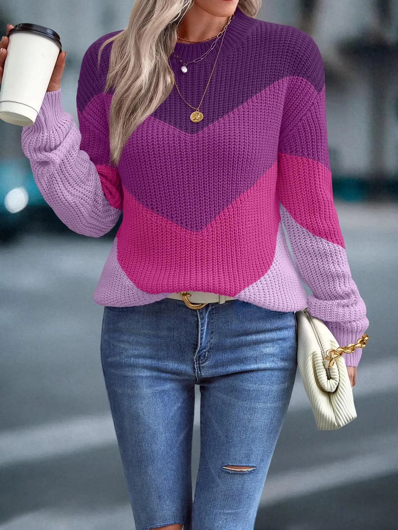 Color Block Chevron Knit Sweater with Drop Shoulder, Long Sleeve Pullover for Women
Color Block Chevron Knit Sweater with Drop Shoulder, Long Sleeve Pullover for Women