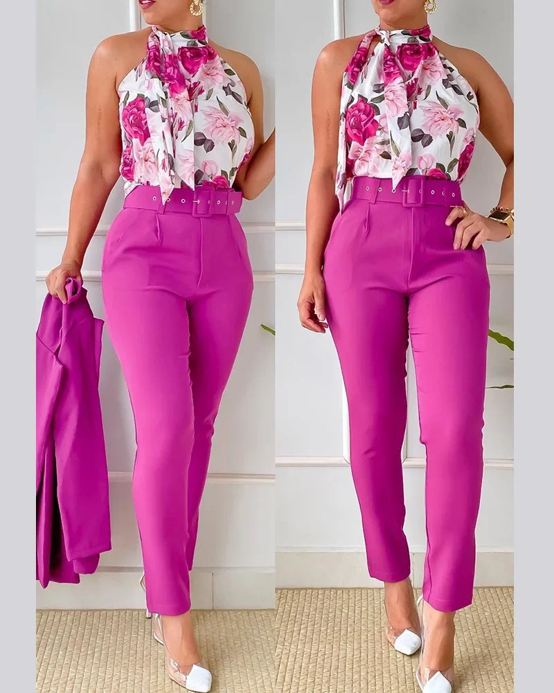 Summer Two Piece Set Women Floral Print Halter Tank Top High Waist Pants Set with Belt Female Suit Workwear Outfits
Summer Two Piece Set Women Floral Print Halter Tank Top High Waist Pants Set with Belt Female Suit Workwear Outfits