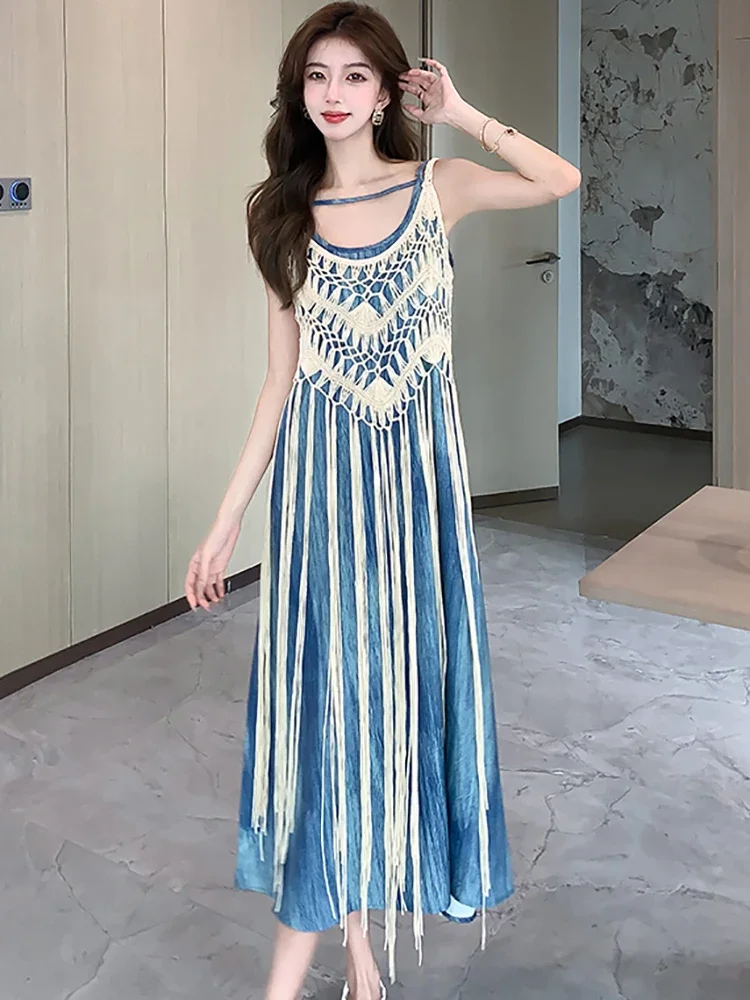 2025 Summer Korean Fashion Elegant Bodycon Dress Sets Women Blue Sling Ruffled Chic Long Dress+White Tassel Smock Two Piece Sets
2025 Summer Korean Fashion Elegant Bodycon Dress Sets Women Blue Sling Ruffled Chic Long Dress+White Tassel Smock Two Piece Sets
