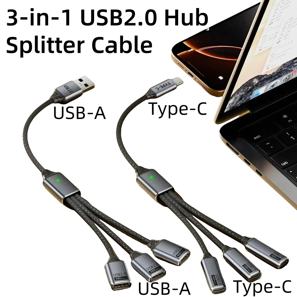 3-in-1 USB 2.0 HUB USB A Type C Splitter Cable Male to Female Charging Extension Cord OTG Data for PC Phone Printer USB Flash
3-in-1 USB 2.0 HUB USB A Type C Splitter Cable Male to Female Charging Extension Cord OTG Data for PC Phone Printer USB Flash