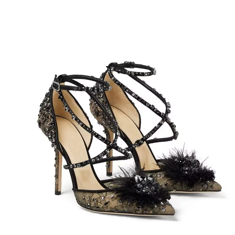 Luxury Crystal Studs Feather Flower Lace Sandals Pointed Toe Rhinestone Beadings Crossed Strap Bridal Pumps Women Party Shoes
Luxury Crystal Studs Feather Flower Lace Sandals Pointed Toe Rhinestone Beadings Crossed Strap Bridal Pumps Women Party Shoes