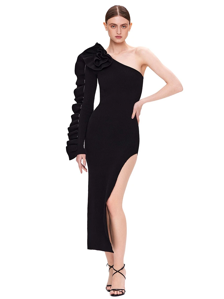 Women's Asymmetric Sexy One Shoulder Long Sleeve Ruffled High Split Midi Bandage Dress Elegant Celebrity Party Dress
Women's Asymmetric Sexy One Shoulder Long Sleeve Ruffled High Split Midi Bandage Dress Elegant Celebrity Party Dress