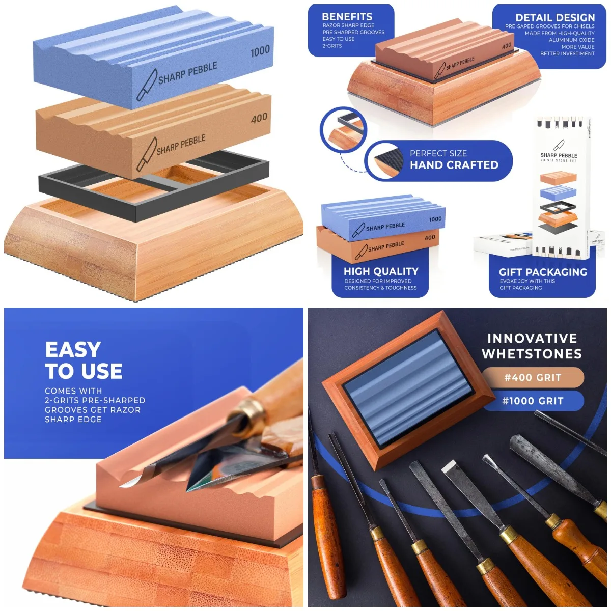 Sharpening Stones for Wood Carving Tools - 400 & 1000 Grit Whetstones with Non-Slip Bamboo Base
Sharpening Stones for Wood Carving Tools - 400 & 1000 Grit Whetstones with Non-Slip Bamboo Base