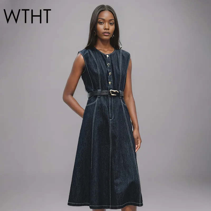 WTHT Fashion Women Single Breasted Belt Design A-line Denim Dress 2025 Summer Trendy O-neck Sleeveless Dresses Female 1LS1878
WTHT Fashion Women Single Breasted Belt Design A-line Denim Dress 2025 Summer Trendy O-neck Sleeveless Dresses Female 1LS1878