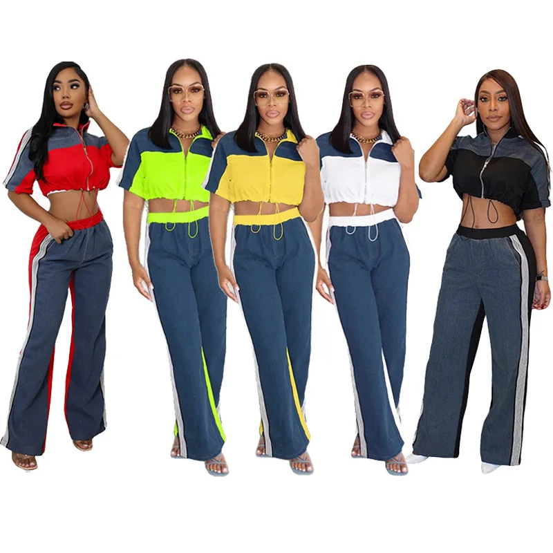 Women Two Piece Casual Set Midriff-Baring Denim Jogger Tracksuit Zipper Short Sleeve Tops Elastic Waist Wide Leg Pants Suit 2025
Women Two Piece Casual Set Midriff-Baring Denim Jogger Tracksuit Zipper Short Sleeve Tops Elastic Waist Wide Leg Pants Suit 2025