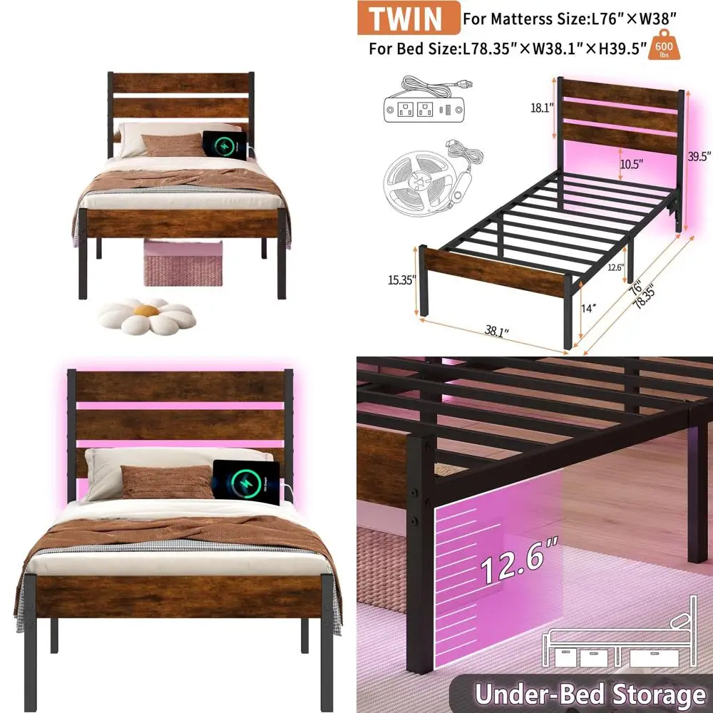 Brown Heavy-Duty Twin Bed Frame with Headboard, USB Charging, Storage, Mattress Support, Quiet Operation
Brown Heavy-Duty Twin Bed Frame with Headboard, USB Charging, Storage, Mattress Support, Quiet Operation