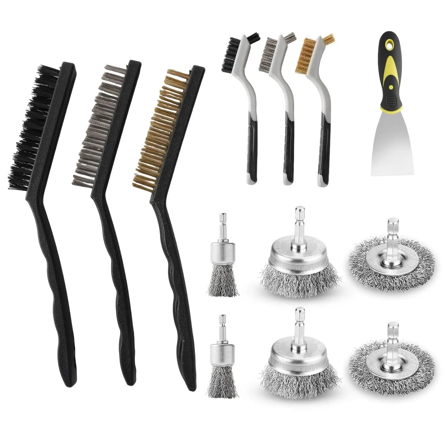 13-Piece Wire Wheel Brush Set for Drill, Carbon Steel Nylon Brass Bristles for Rust Dirt Paint Removal Cleaning Kit
13-Piece Wire Wheel Brush Set for Drill, Carbon Steel Nylon Brass Bristles for Rust Dirt Paint Removal Cleaning Kit