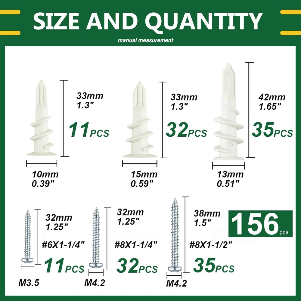 156pcs Nylon Gypsum Board Expansion Screws Set Plastic Expansion Anchor Self-tapping Screws Combination Box Hardware Fasteners
156pcs Nylon Gypsum Board Expansion Screws Set Plastic Expansion Anchor Self-tapping Screws Combination Box Hardware Fasteners