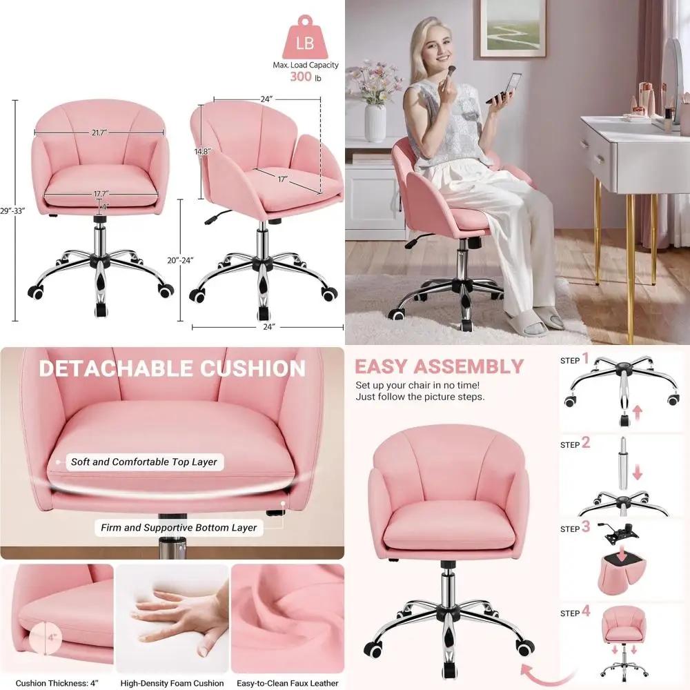 Swivel Upholstered Leather Desk Chair with Armrests - Home Office, Makeup Vanity, or Bedroom - Simple Pink
Swivel Upholstered Leather Desk Chair with Armrests - Home Office, Makeup Vanity, or Bedroom - Simple Pink