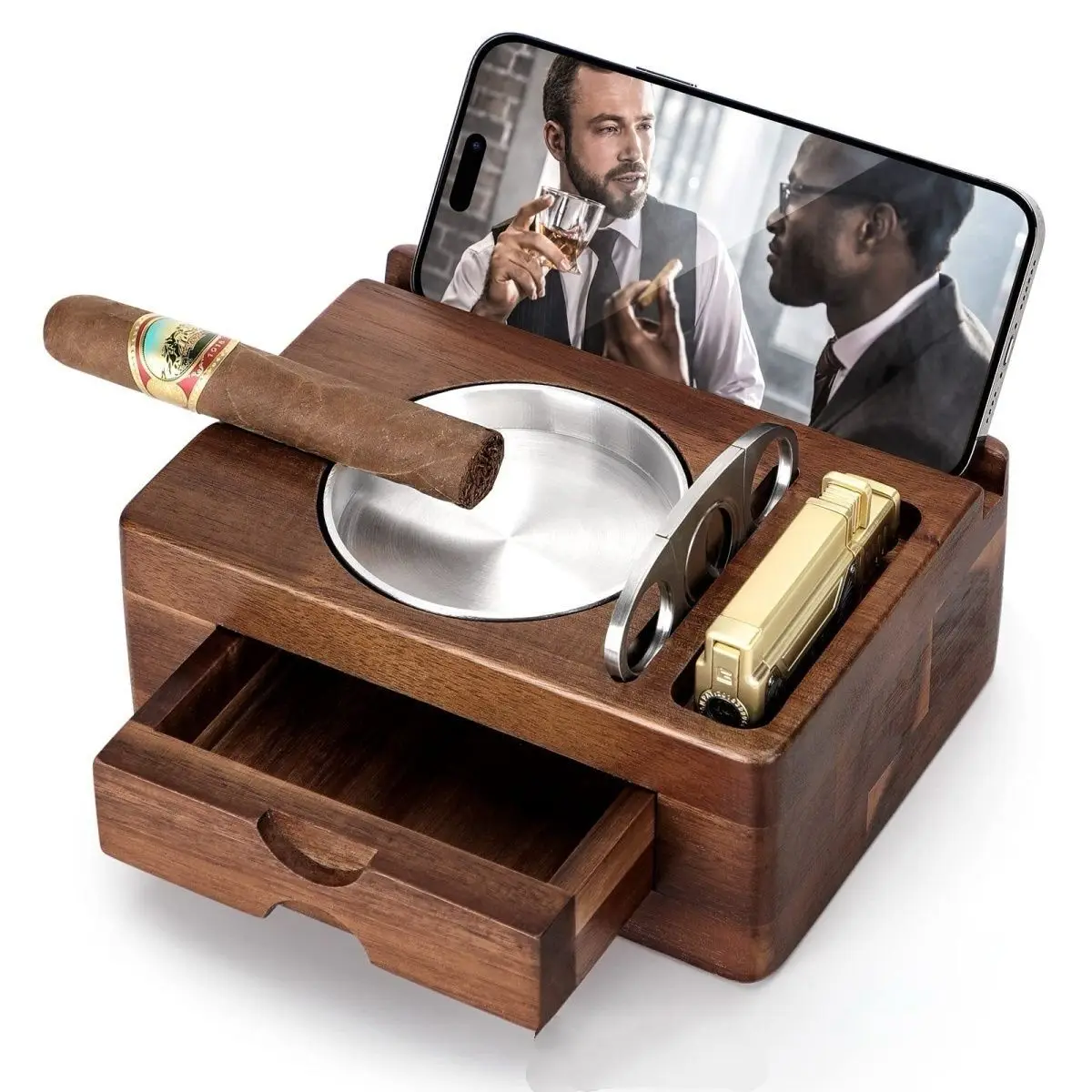 A Wooden Cigar Ashtray With A Cigarette Lighter Slot And Accessory Drawer - A Three-in-One Tray Stand.
A Wooden Cigar Ashtray With A Cigarette Lighter Slot And Accessory Drawer - A Three-in-One Tray Stand.