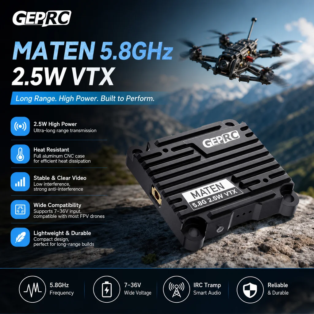 GEPRC MATEN 5.8GHz 2.5W VTX Long Range High Power Heat Resistant for FPV Drone
GEPRC MATEN 5.8GHz 2.5W VTX Long Range High Power Heat Resistant for FPV Drone