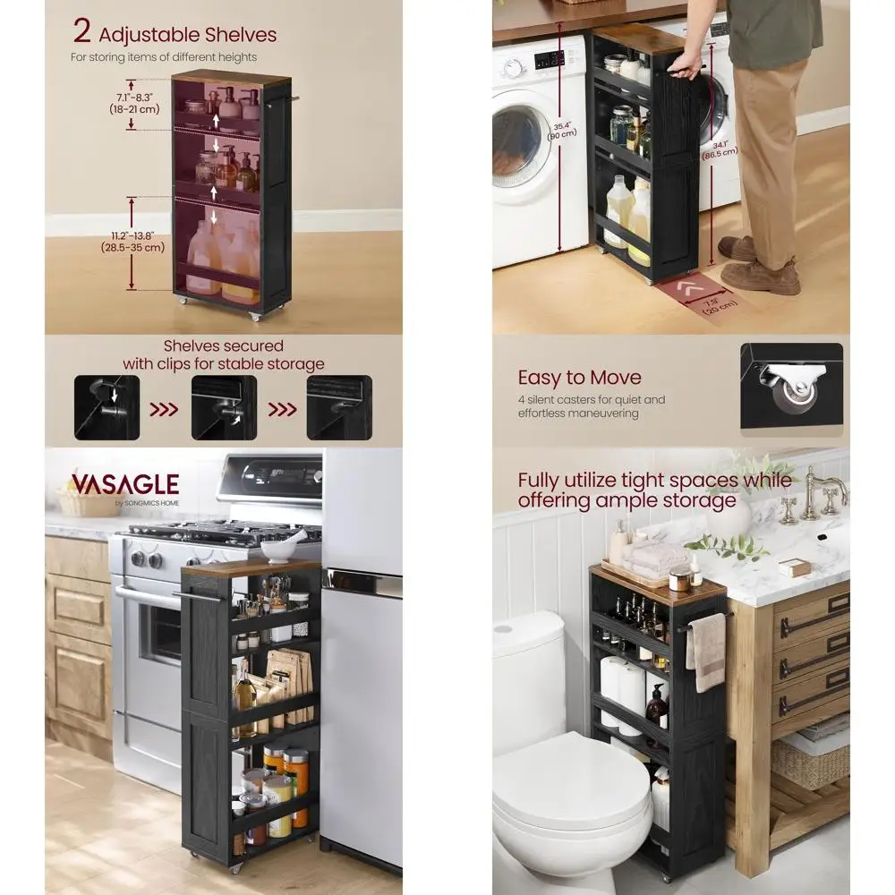 4-Tier Rolling Storage Cart for Kitchen, Bathroom, and Laundry - Slim Design, 7.9x17x34.1 Inches, Ebony Black & Rustic Brown
4-Tier Rolling Storage Cart for Kitchen, Bathroom, and Laundry - Slim Design, 7.9x17x34.1 Inches, Ebony Black & Rustic Brown