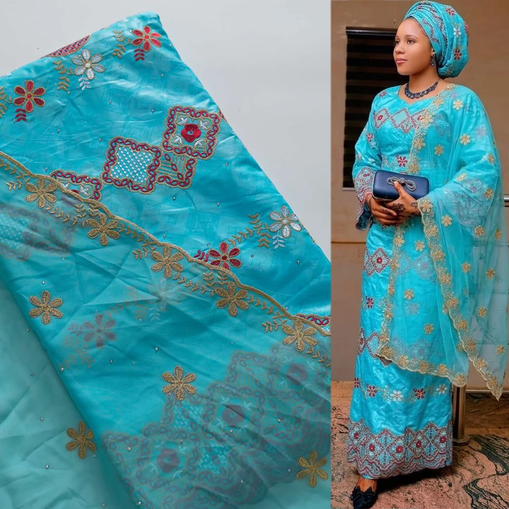 5+2 Yards Sky Blue Mali Embroidery Bazin Fabric With Mesh Laces Original African Wedding Dress Rhinestones Sewing Party Material
5+2 Yards Sky Blue Mali Embroidery Bazin Fabric With Mesh Laces Original African Wedding Dress Rhinestones Sewing Party Material