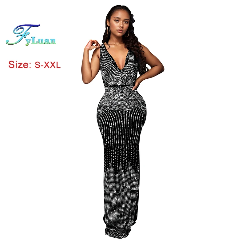 Hot-Selling Women Sleeveless Deep V Neck Long Dress Set With Diamonds Tight Fitting Ladies Vestidos Dress Evening Birthday Robe
Hot-Selling Women Sleeveless Deep V Neck Long Dress Set With Diamonds Tight Fitting Ladies Vestidos Dress Evening Birthday Robe