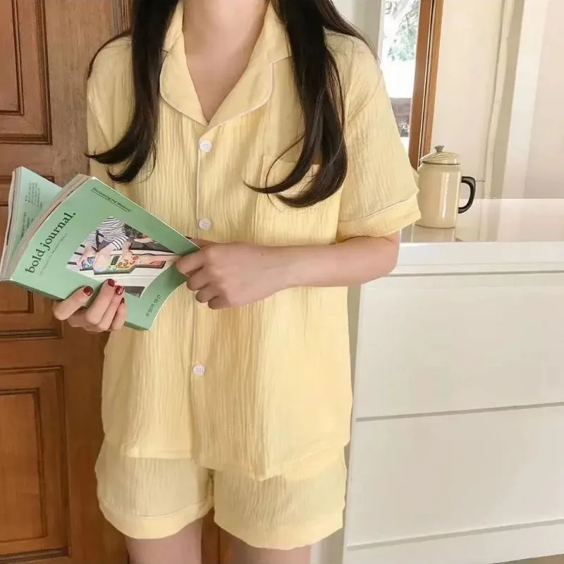 Casual Sleepwear Women Pajamas Summer Korean Piiama Short Sleeve Sets 2 Pieces Summer Night Wears Solid Sleep Home Suit 2025 New
Casual Sleepwear Women Pajamas Summer Korean Piiama Short Sleeve Sets 2 Pieces Summer Night Wears Solid Sleep Home Suit 2025 New
