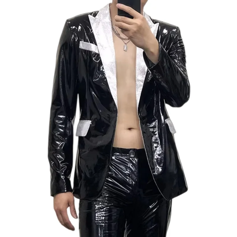 Men's Slim PU Leather Blazer Black White Casual Party Suit Jacket for Male Singers Nightclub Bar Concert Stage Performance Coat
Men's Slim PU Leather Blazer Black White Casual Party Suit Jacket for Male Singers Nightclub Bar Concert Stage Performance Coat