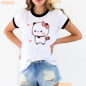 Kawaii Panda Bubu Dudu 만화 프린트 티셔츠 여성용, 핑크 보우 로즈 러브 티셔츠, 여성 하라주쿠 셔츠, 여름 반팔 티셔츠