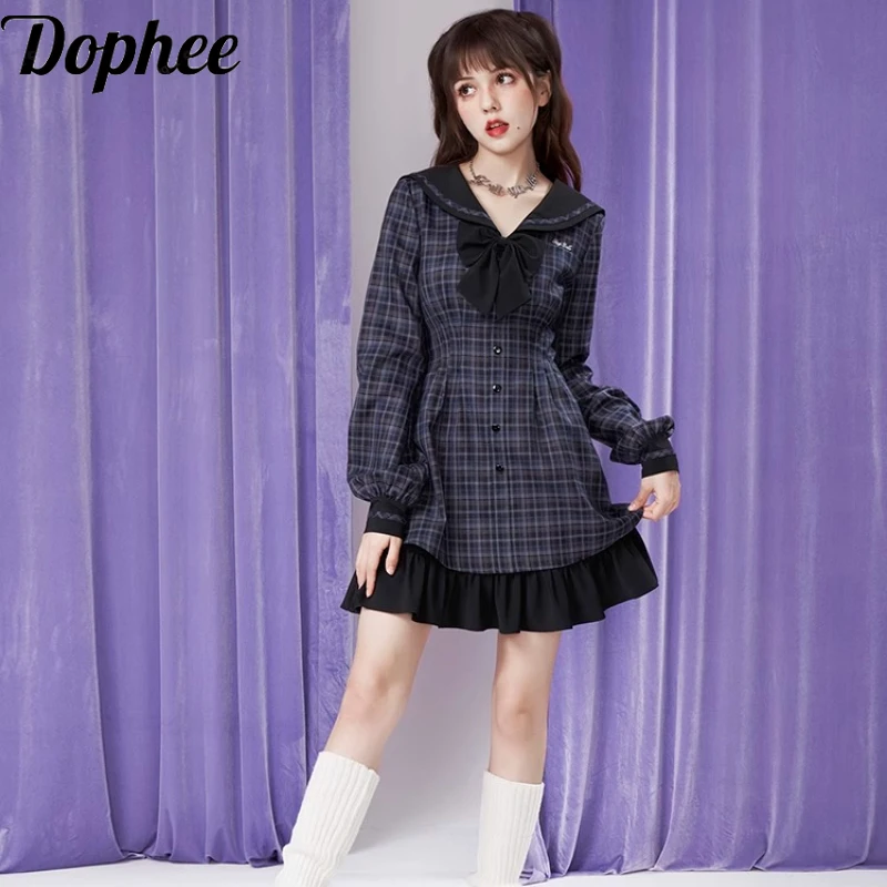Dophee Spring Autumn Elegant Lantern Sleeve Plaid Dress Vintage Single-breasted Shirt Dress Navy Collar Bow Short A-line Dress
Dophee Spring Autumn Elegant Lantern Sleeve Plaid Dress Vintage Single-breasted Shirt Dress Navy Collar Bow Short A-line Dress