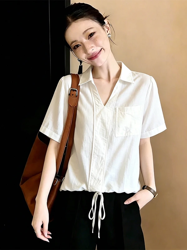 Loose Casual Shirt Women's V-neck Drawstring Hem Breathable Comfortable Korean Style Summer New Arrival Loose Fit Sense
Loose Casual Shirt Women's V-neck Drawstring Hem Breathable Comfortable Korean Style Summer New Arrival Loose Fit Sense