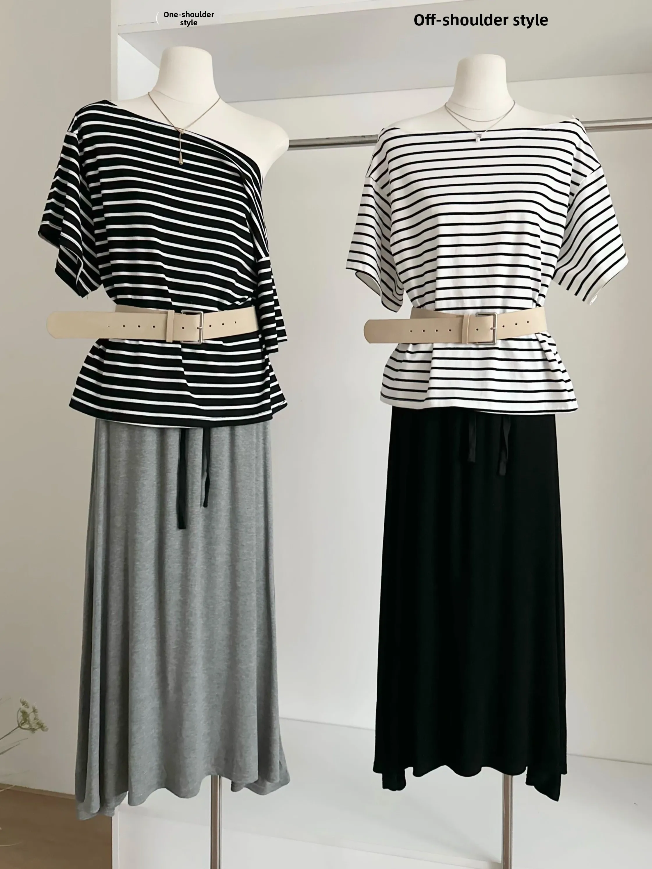 Летняя футболка в полоску, женский комплект с юбкой с высокой талией, свободный крой, повседневный наряд с наклонным воротником и оulder Bared ort Sve
Летняя футболка в полоску, женский комплект с юбкой с высокой талией, свободный крой, повседневный наряд с наклонным воротником и оulder Bared ort Sve