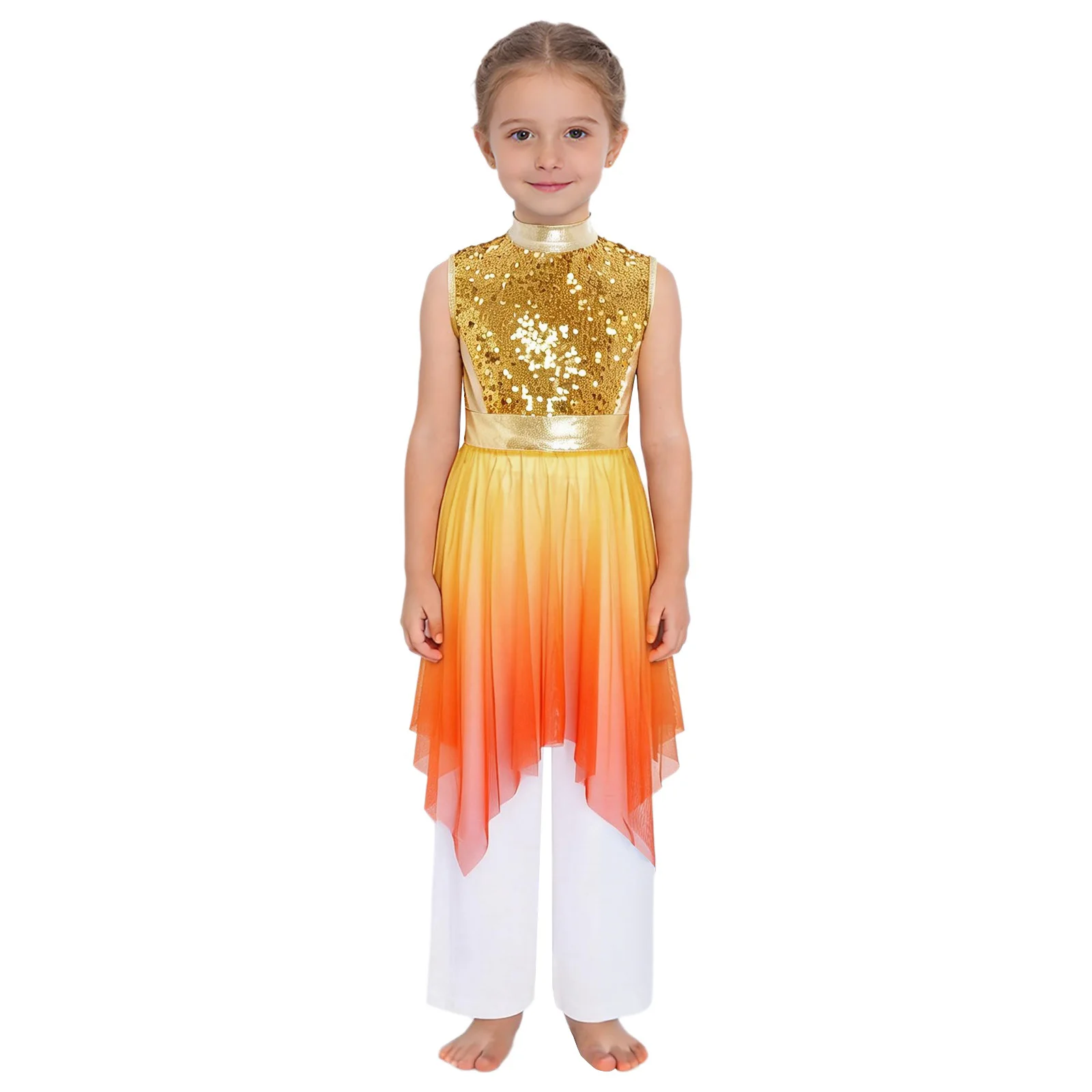 Girls Liturgical Praise Dance Dress Outfit Sleeveless Asymmetrical Hem Shiny Sequins Robe with Pants for Worship Modern Dance
Girls Liturgical Praise Dance Dress Outfit Sleeveless Asymmetrical Hem Shiny Sequins Robe with Pants for Worship Modern Dance